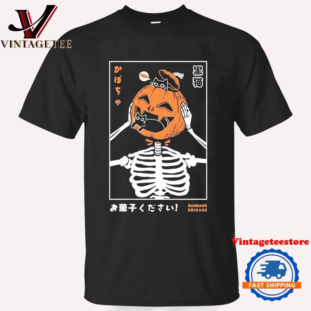 Bandage Brigade Trick Or Treat Skeleton Pumpkin Cat Halloween Vintage T Shirt