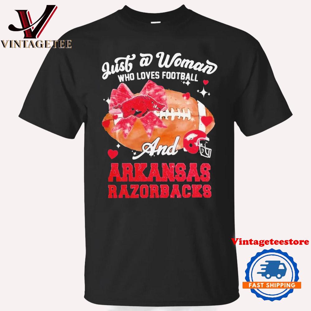 Just a Woman Who Loves Football and Arkansas Razorbacks Helmet Vintage T-Shirt