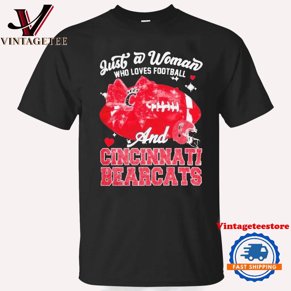 Just a Woman Who Loves Football and Cincinnati Bearcats Helmet Vintage T-Shirt